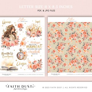May include: Printable digital stickers featuring a watercolor illustration of a woman with a crown, a book, a clock, and floral elements. The stickers include the words "Queen", "Loyal", "Chosen", "Beautiful & Courageous", and "Perhaps this is the moment for which you were created". The stickers are set against a background of a floral pattern.