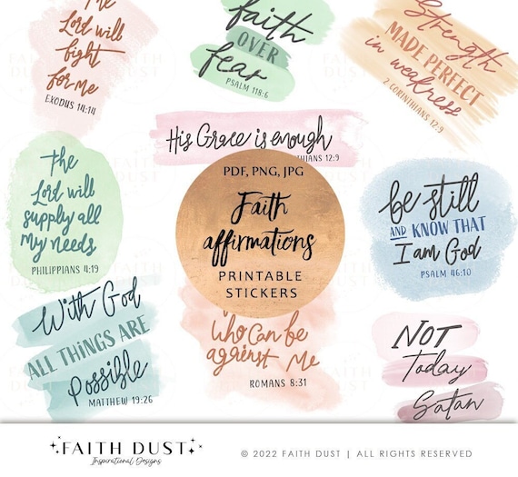 Faith Affirmations Stickers: Watercolor Hand drawn Bible Verse Planner Decals (Digital Download, PNG)