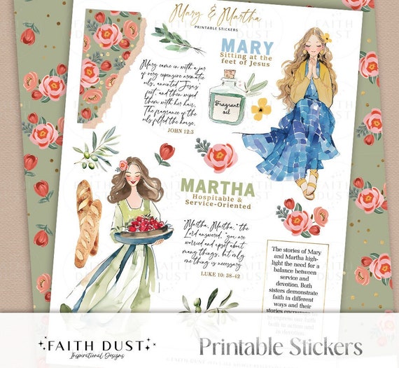 Mary & Martha Printable Stickers: Bible Journaling, Christian Study, Women of the Bible (PDF,JPG)