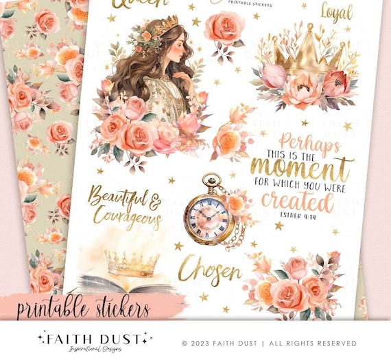 Esther Printable Bible Journaling Stickers: Watercolor Faith Quotes, Queen Esther, Women of the Bible (Pdf, jpg)