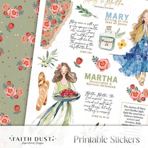 K&ouml;nnte beinhalten: Druckbare Aufkleber mit Illustrationen von Maria und Martha, zwei biblischen Figuren. Die Aufkleber enthalten Zitate aus der Bibel &uuml;ber Maria und Martha sowie florale und andere dekorative Elemente. Der Text auf den Aufklebern lautet: "Maria sitzt zu F&uuml;&szlig;en Jesu", "Duftendes &Ouml;l", "Martha gastfreundlich und dienstleistungsorientiert" und "Der Herr antwortete: 'Martha, Martha...du sorgst dich und machst dir viele Gedanken, aber nur eines ist notwendig.' Lukas 10,38-42".