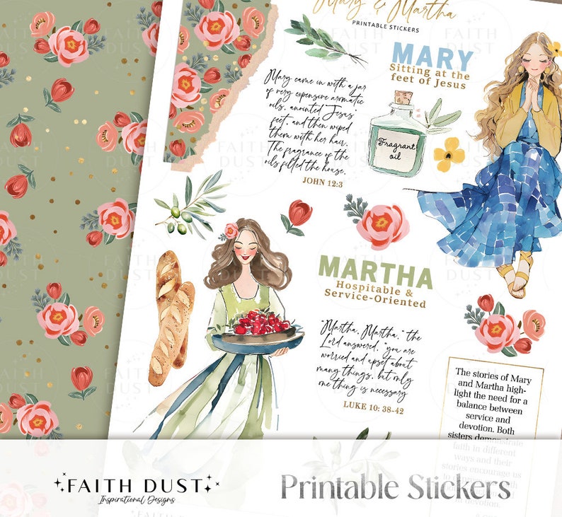 K&ouml;nnte beinhalten: Druckbare Aufkleber mit Illustrationen von Maria und Martha, zwei biblischen Figuren. Die Aufkleber enthalten Zitate aus der Bibel &uuml;ber Maria und Martha sowie florale und andere dekorative Elemente. Der Text auf den Aufklebern lautet: "Maria sitzt zu F&uuml;&szlig;en Jesu", "Duftendes &Ouml;l", "Martha gastfreundlich und dienstleistungsorientiert" und "Der Herr antwortete: 'Martha, Martha...du sorgst dich und machst dir viele Gedanken, aber nur eines ist notwendig.' Lukas 10,38-42".
