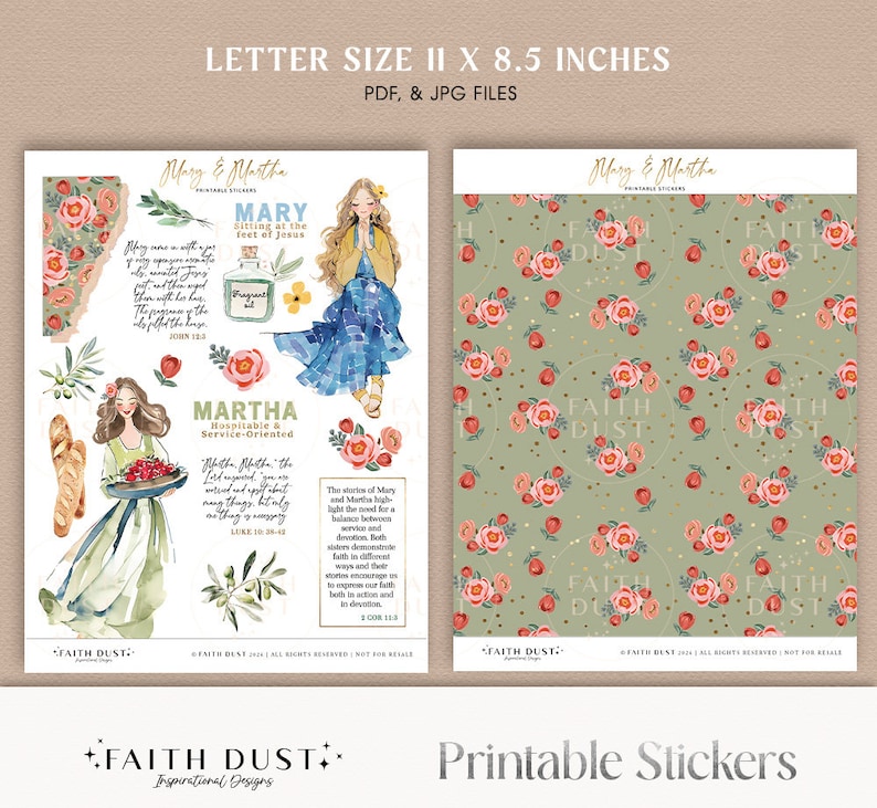 K&ouml;nnte beinhalten: Druckbare Aufkleber mit Aquarell-Illustrationen von Maria und Martha, mit Zitaten &uuml;ber ihre Pers&ouml;nlichkeiten und biblischen Referenzen. Die Aufkleber befinden sich auf einem gr&uuml;nen Hintergrund mit einem Blumenmuster. Der Text "Faith Dust" erscheint am unteren Rand des Bildes.