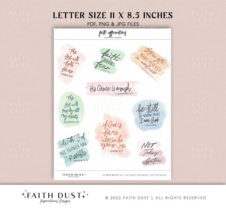 May include: Printable stickers with watercolor backgrounds and inspirational quotes about faith. The stickers feature phrases like "Faith over fear", "His Grace is enough", and "With God all things are possible".