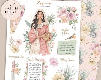 Zipporah Printable Bible Journaling Stickers: Wife of Moses, Women of the Bible, Watercolor Floral, Digital Download (PDF, JPG)