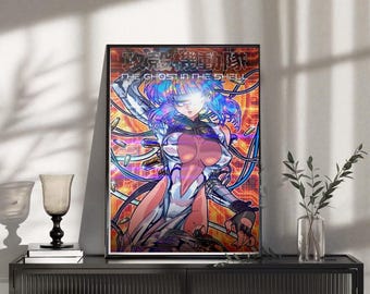Jaren 90 retro cyberpunk cyborg anime poster, vintage sci-fi mecha meisje draad verbinding kunst aan de muur, donkere distopische toekomst esthetische bioscoop print