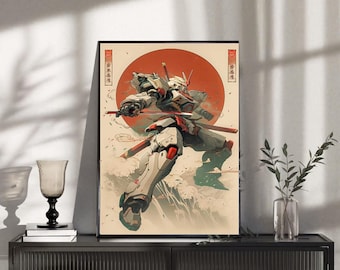 Samurai Gundam Katana Poster, Japanese Mecha Anime Wall Art, Retro Robot Warrior Print, Cyberpunk Manga Decor Gift