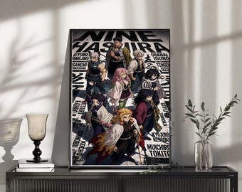 Negen Hashira zwart-witte muurkunst, Rengoku Sanemi Giyu retro mangaprint, vintage Japanse esthetische poster, decor anime jongenskamer
