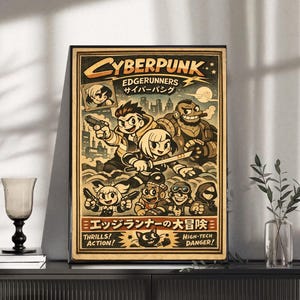 May include: A framed poster with a vintage-style illustration featuring characters from Cyberpunk: Edgerunners. The artwork has a retro aesthetic with bold lines and a color palette of beige, brown, and yellow. Text includes "Cyberpunk", "Edgerunners", and Japanese text.