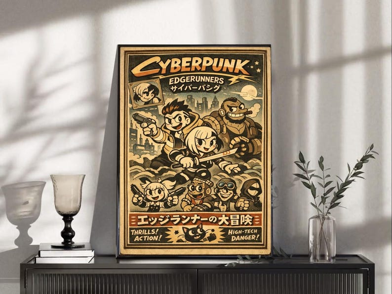 May include: A framed poster with a vintage-style illustration featuring characters from Cyberpunk: Edgerunners. The artwork has a retro aesthetic with bold lines and a color palette of beige, brown, and yellow. Text includes "Cyberpunk", "Edgerunners", and Japanese text.