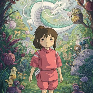 May include: A digital illustration of a young person in a pink outfit walking through a lush, fantastical forest. A white dragon hovers above, and various whimsical creatures and plants surround the path, creating a vibrant and imaginative scene.