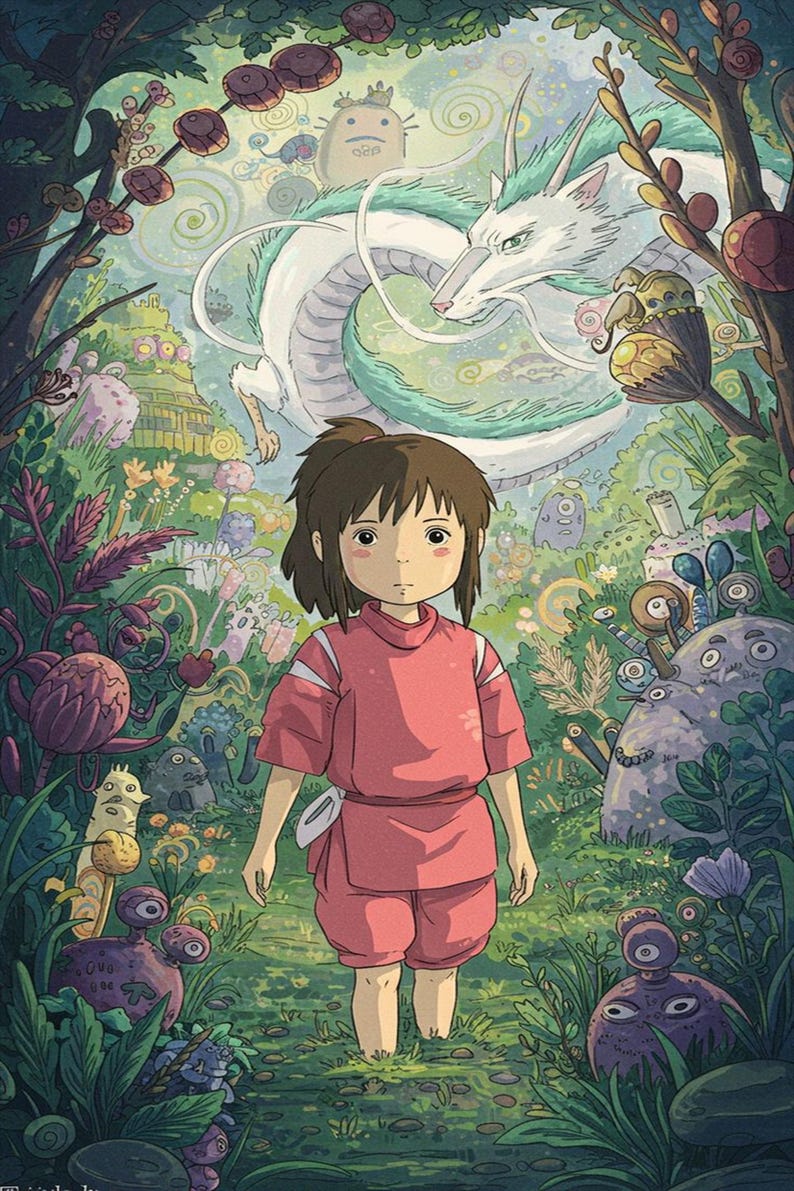 May include: A digital illustration of a young person in a pink outfit walking through a lush, fantastical forest. A white dragon hovers above, and various whimsical creatures and plants surround the path, creating a vibrant and imaginative scene.