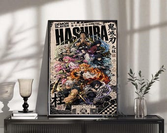 Nine Hashira retro muurkunst, vintage manga poster Rengoku Giyu Shinobu, Japanse zwaardvechters anime print, Otaku game room muur decor