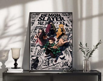 Tanjiro Nezuko Zenitsu Giyu vintage art print, retro Japanse manga poster wanddecoratie, minimalistische grunge anime stijl kamer esthetiek