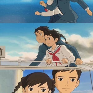 May include: Anime-style illustration of a young couple in a nautical setting. The top panel shows them running, the middle panel shows them leaning on a railing, and the bottom panel shows them smiling. The characters are wearing school uniforms.