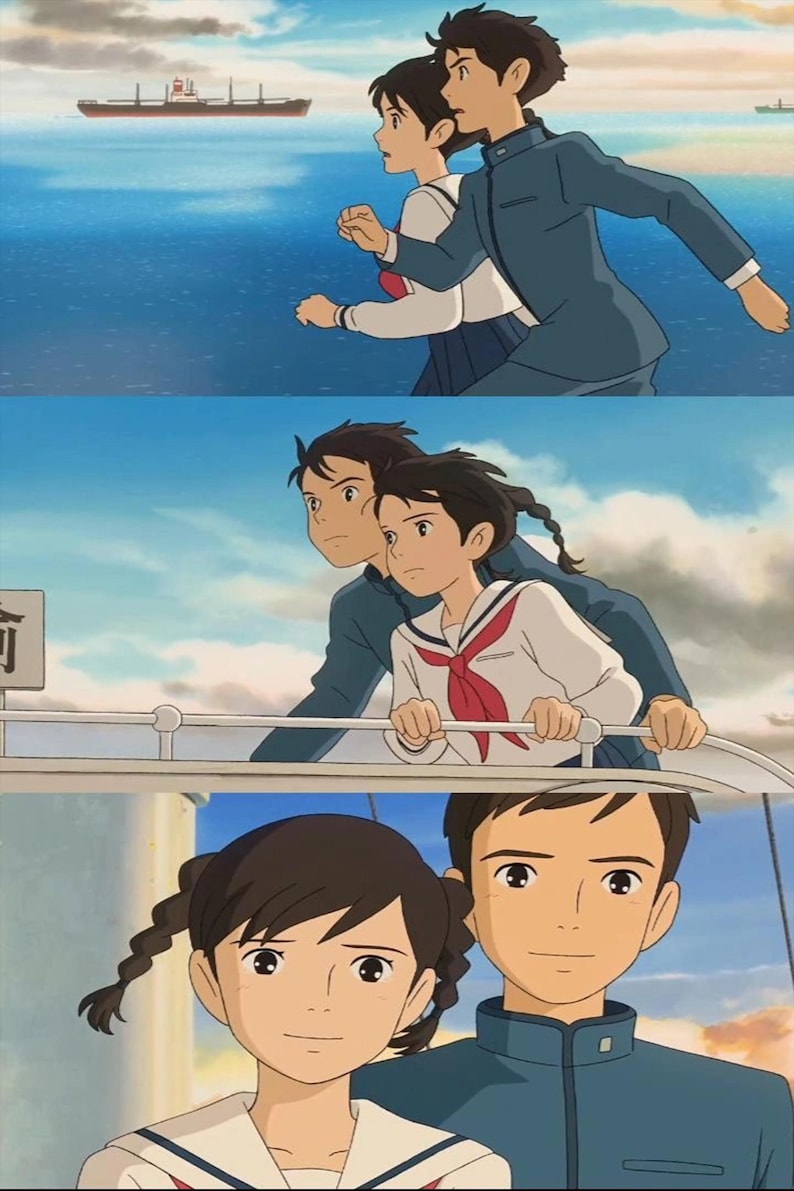 May include: Anime-style illustration of a young couple in a nautical setting. The top panel shows them running, the middle panel shows them leaning on a railing, and the bottom panel shows them smiling. The characters are wearing school uniforms.
