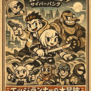 May include: Vintage-style poster with the title "CYBERPUNK" and "EDGERUNNERS" in English and Japanese. The artwork features cartoon characters with weapons, a cityscape, and text that reads "THRILLS! ACTION!" and "HIGH-TECH DANGER!"