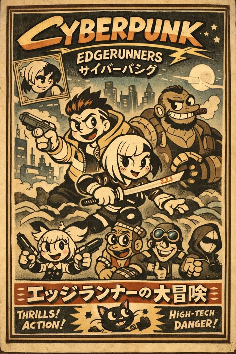 May include: Vintage-style poster with the title "CYBERPUNK" and "EDGERUNNERS" in English and Japanese. The artwork features cartoon characters with weapons, a cityscape, and text that reads "THRILLS! ACTION!" and "HIGH-TECH DANGER!"