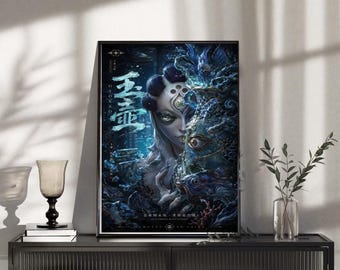 Surrealistische poster oceaanvismonster, creatieve vaaskunstdruk