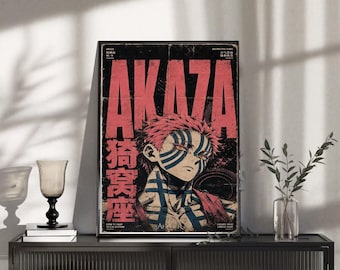Akaza Upper Moon Three vintage poster, roze haar demon krijgskunstenaar retro manga kunst aan de muur, donkere Japanse anime print, coole kamer decor
