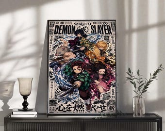 Tanjiro en Nezuko vintage muurkunst, Zenitsu Inosuke Giyu retro manga poster print, Japanse anime stijl kamer decor, cool Otaku cadeau