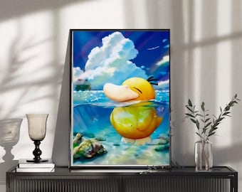 Esthetische poster gele eend oceaan, zomer strand anime muurkunst