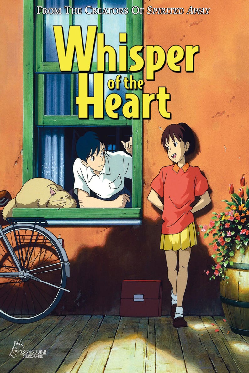 May include: Poster for the animated film "Whisper of the Heart." The image features a young girl in a red shirt and yellow skirt, a boy in a white shirt, and a cat. The title is in large yellow letters above the characters. A bicycle and flowers are also visible.