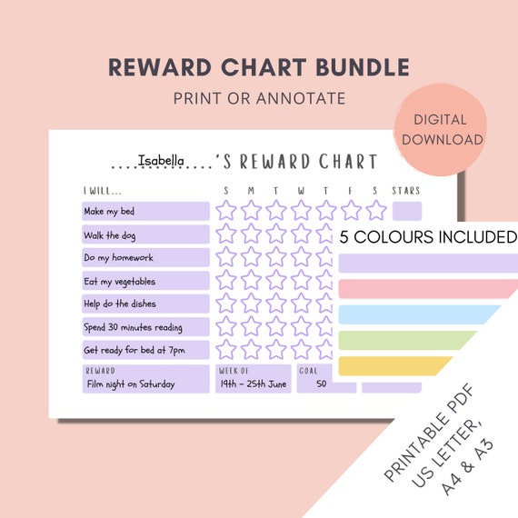 Reward Chart Bundle Printable Kids Star Chart Daily Weekly - Etsy Singapore