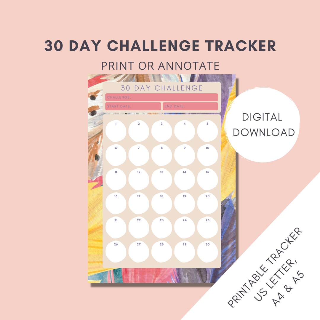 30 Day Challenge Tracker Printable Daily Tracker Watercolour Feather 30 ...
