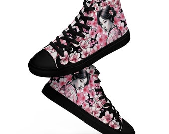 URCHIN 'Geisha Blossom'. Flower and Skull design. Women’s Designer high top canvas shoes. Direct from Designer. Exclusive to Etsy.