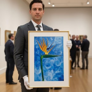 May include: A framed painting of a bird of paradise flower with orange and blue hues. The artwork is held by a person in a suit and white gloves in a gallery setting. The background features a swirling blue sky.