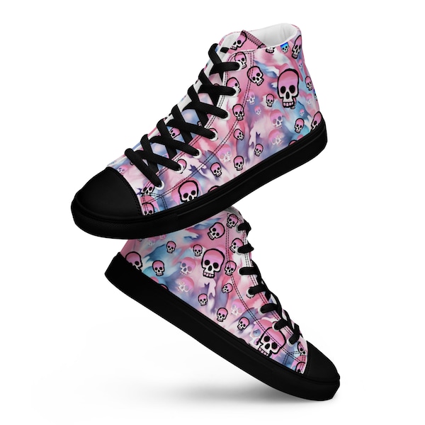 URCHIN « Pink Skulls ». Motif tie-dye rose et bleu et motif tête de mort. Chaussures montantes de créateurs en toile pour femmes. Directement du concepteur. Exclusivité Etsy.
