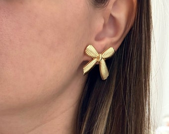 Gold Bow Earrings, Ribbon Stud Earrings, Statement Earrings, Gold Dainty Bow Earrings, Handmade Jewelry, Knot Ribbon Earrings, Gift For Her