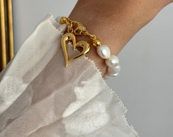 Heart Charm Bracelet, Big Pearl Bracelet For Women, Fresh Pearl Bracelet With Gold Tone Heart, Gift For Anniversary, Everday Jewelry
