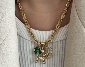 Gold Charm Necklace, Multi Charm Chain Necklace, Zircon Heart Pendant Necklace, Ballon Dog Necklace, Good Luck Jewelry, Trendy Jewelry