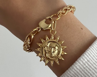 Pulsera de encanto de sol y luna, pulsera de cadena de oro gruesa, pulsera colgante de encanto de luna creciente, joyería Boho Chic, regalo de Navidad para ella