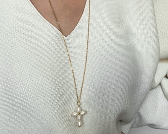 Pearl Cross Pendant Necklace: Religious Jewelry, Gold Plated Chain