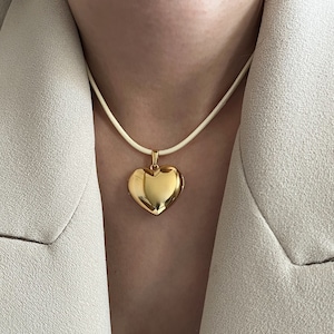 Gold Herz Anhänger Choker, Kordel Halsband mit Herz Anhänger, jeden Tag Schmuck, Puffed Herz Schmuck, Kordel Halsband mit Herz Anhänger