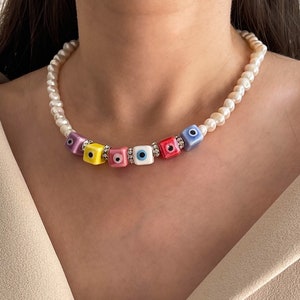 Colorful Summer Evil Eye Pearl Necklace, Mixed Beaded Choker, Pearl Necklace With Ceramic Evil Eye Bead, Fun Trendy Necklace For Woman, Y2K