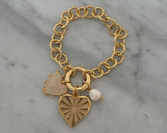 Gold Hearts And Pearl Charm Bracelet, Chunky Gold Chain Bracelet ,Multi Charm Bracelet, Charm Holder