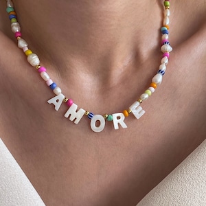 Pearl Beaded Initial Necklace, Mismatched Colorful Necklace, Mother Of Pearl Name Necklace, Trendy jewelry, Y2K Jewelry, Gift For Bridesmaid