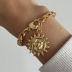 Sun And Moon Charm Bracelet, Chunky Gold Chain Bracelet, Crescent Moon Charm Pendant Bracelet, Boho Chic Jewelry, Gift For Bestfriend