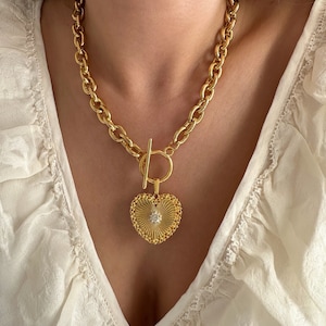 Gold Filled Radial Heart Necklace, Chunky Chain Necklace With Heart Charm, Heart Pendant Necklace, Toggle Clasp Necklace, Gift For Her