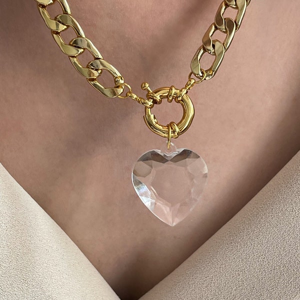 Collier de charme de coeur, collier de chaîne épaisse, collier de déclaration de superposition, collier de chaîne rempli d’or, tour de cou chunky d’or, pendentif de coeur