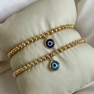 Evil Eye Bracelet, Gold Plated Bead Stretch Bracelet, Stackable Charm Bracelet, Protection Jewelry, Turquoise Evil Eye Charm, Gift For Her
