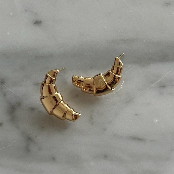 Golden Croissant Stud Earrings, Statement Earrings, Gold Food Earrings, Twisted Gold Dainty Earrings, Parisan Earrings, Earrings For Women