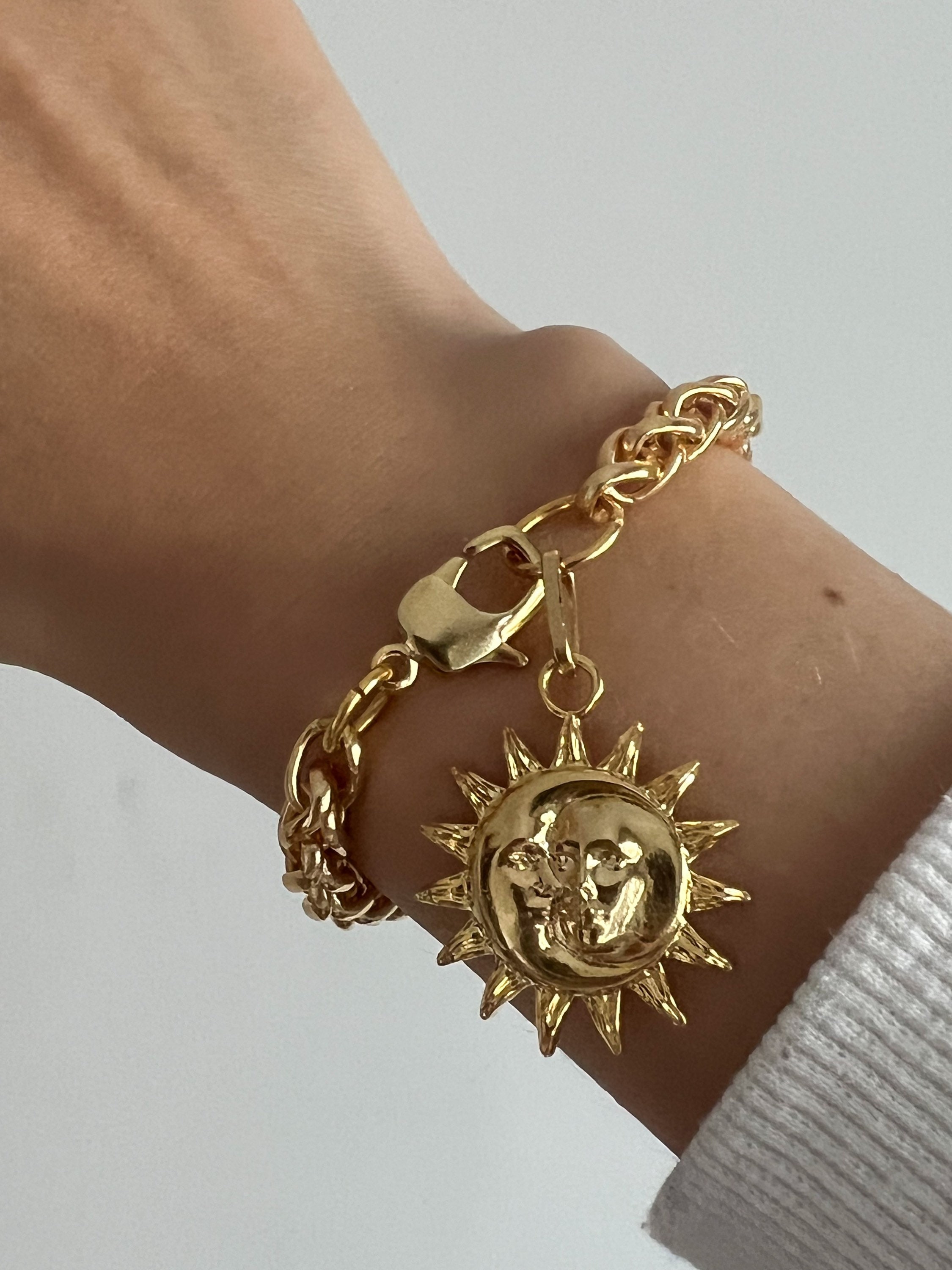 Sun and Moon Charm Bracelet, Chunky Gold Chain Bracelet