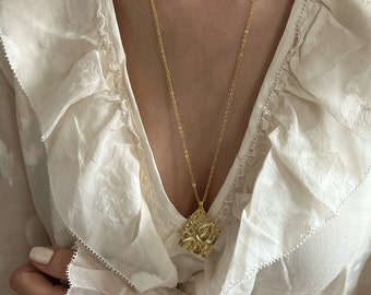 Long Gold Chain Necklace, Greek Coin Necklace, Athina Charm Necklace, Gold Layering Necklace, Ancient Style Greek Jewelry, Gift For Her