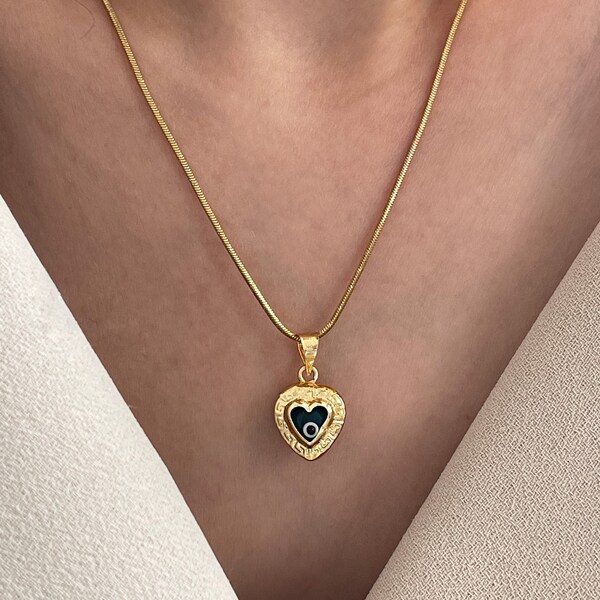 Gold Heart Evil Eye Necklace, Evil Eye Pendant, Evil Eye Charm, Heart Shaped Blue Evil Eye Necklace, Nazar Necklace, Protection Pendant