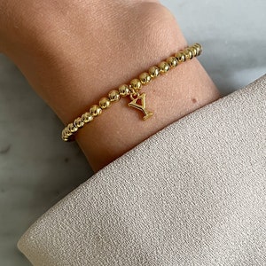 Pulsera de cuentas de oro con letra, pulsera de encanto inicial elástica, pulsera de apilamiento personalizada, joyería elegante para mujeres, regalo de Navidad